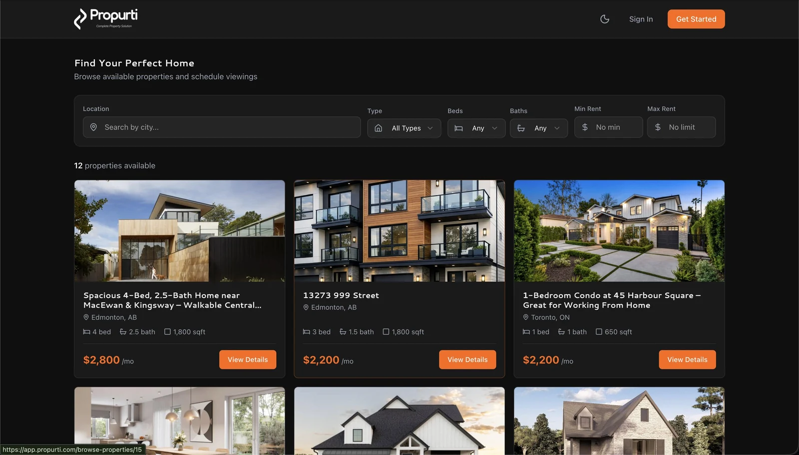 Propurti listings page